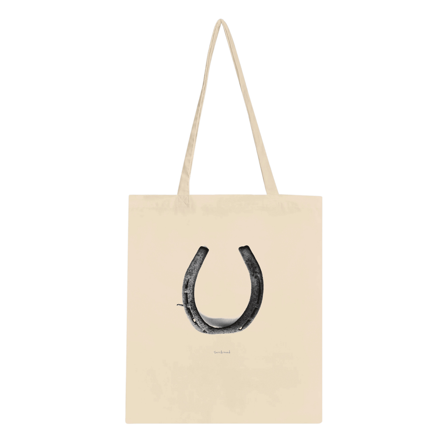Truly one-of-a-kind Tote bag, Old Horseshoe in space & time. Bringing happiness with the steps brought by old rusty horseshoe with hidden stories in space and time. Eco-conscious, reinforced handles for more stability.