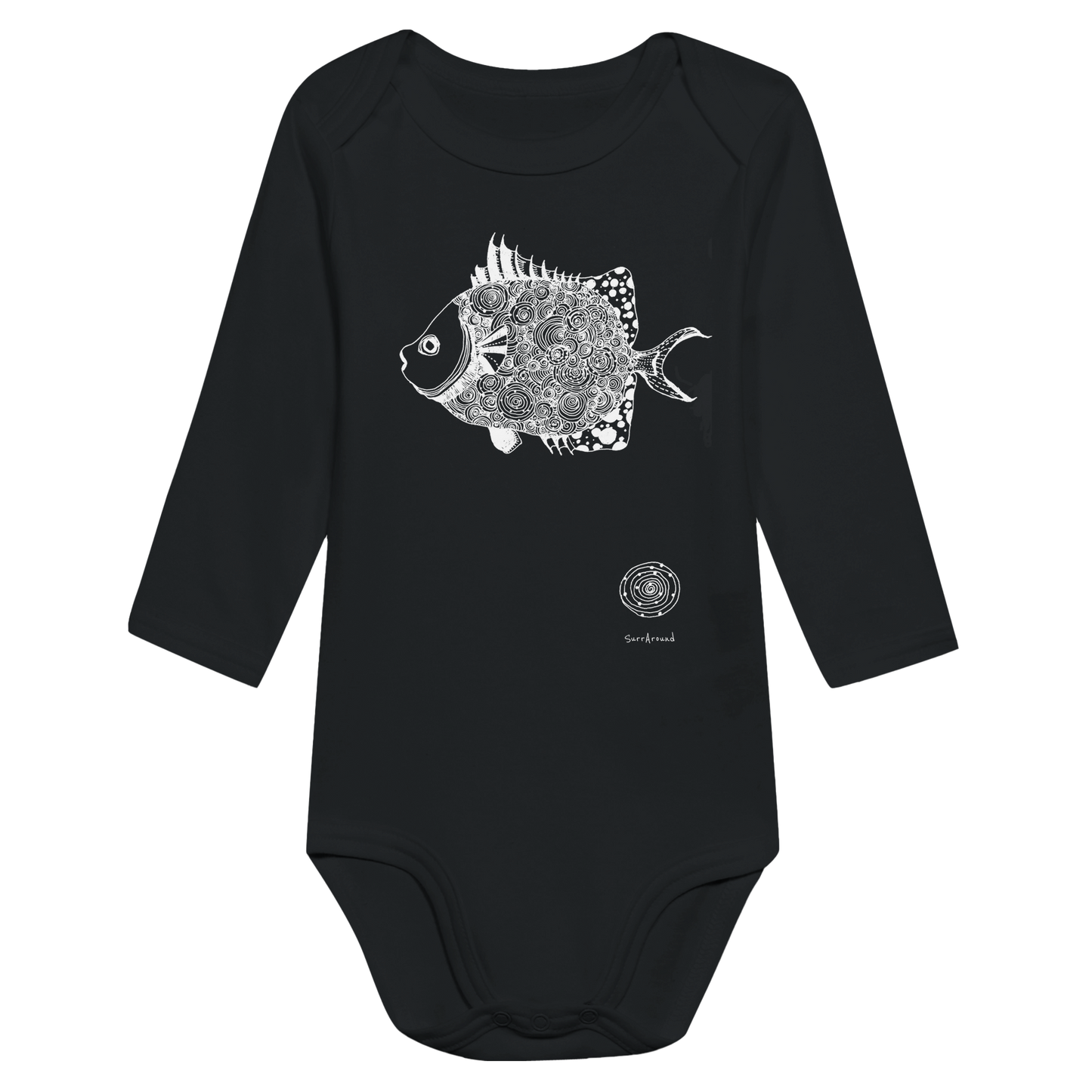 Classic Baby Long Sleeve Bodysuit, beautiful fish design. Illustrated unique fish, detailed with Japanese traditional patterns, hand drawn by artist.