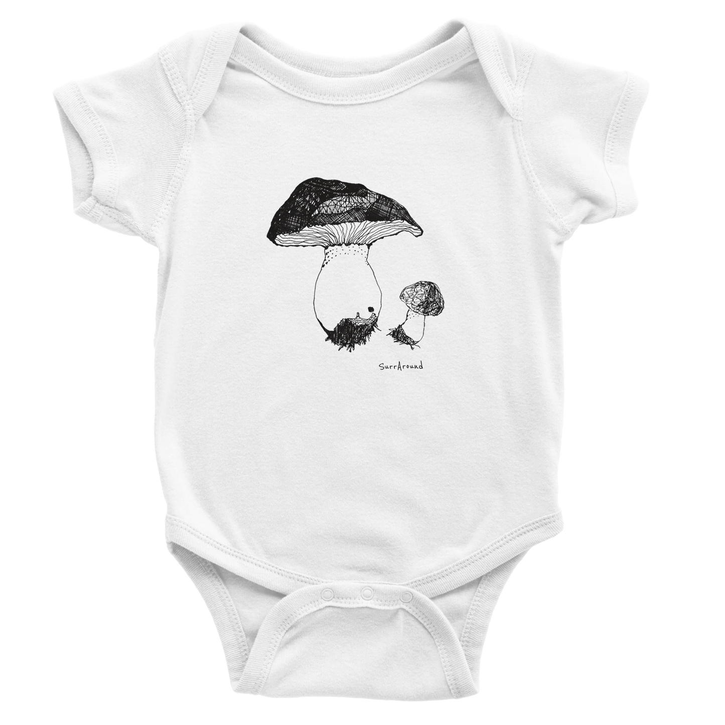 Classic Baby Short Sleeve Bodysuit, Mushroom inspired by nature. Unique Unisex Classic Bodysuit, Eco-Friendly 100% cotton, soft. Illustrated cute mushrooms by artist, originally hand drawn.