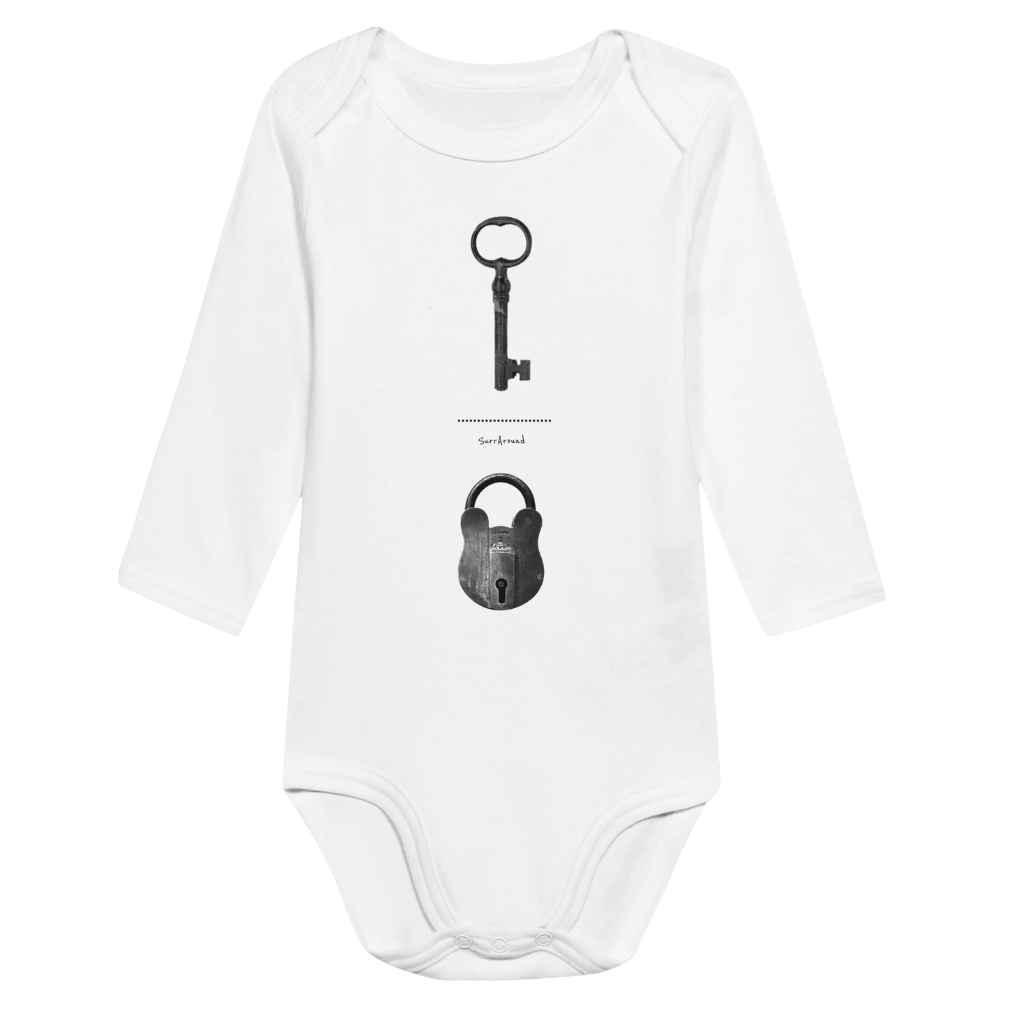 Baby Long Sleeve Bodysuit, The Old Pair of lock and key. Old pair of lock and key in hidden space and time, designed by Japanese artist. Unique Unisex Classic Bodysuit, Eco-Friendly 100% cotton, soft and comfortable.