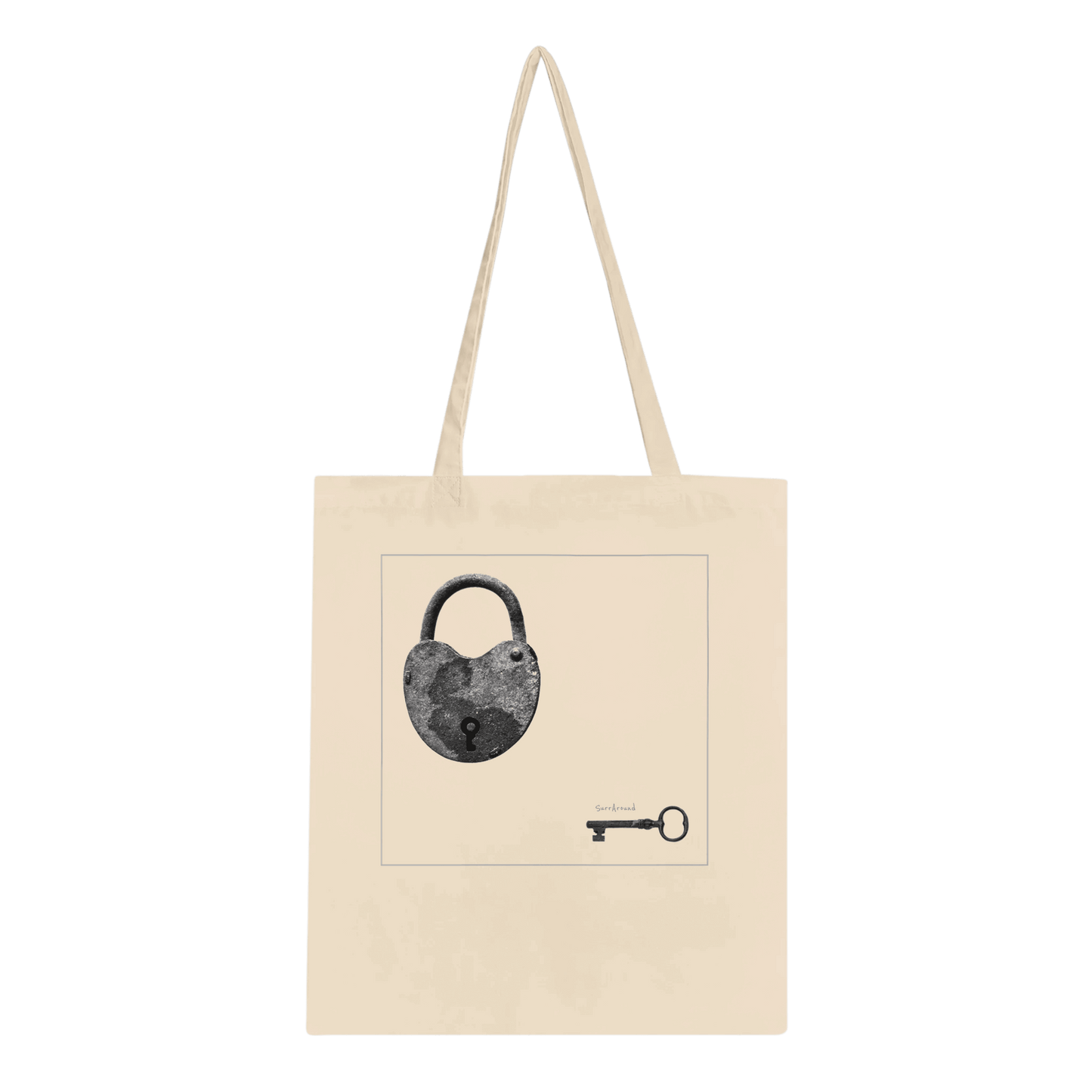 Truly one-of-a-kind Tote bag, Old Heart Lock Tote in space & time. Old heart lock and key with hidden stories in space and time, designed by Japanese artist. Tote bag being eco-conscious, reinforced handles for more stability.