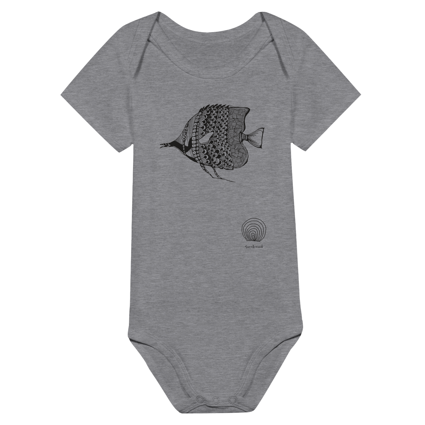 Baby Short Sleeve Bodysuit, beautiful fish design. Illustrated unique fish, detailed with Japanese traditional patterns, hand drawn by artist.