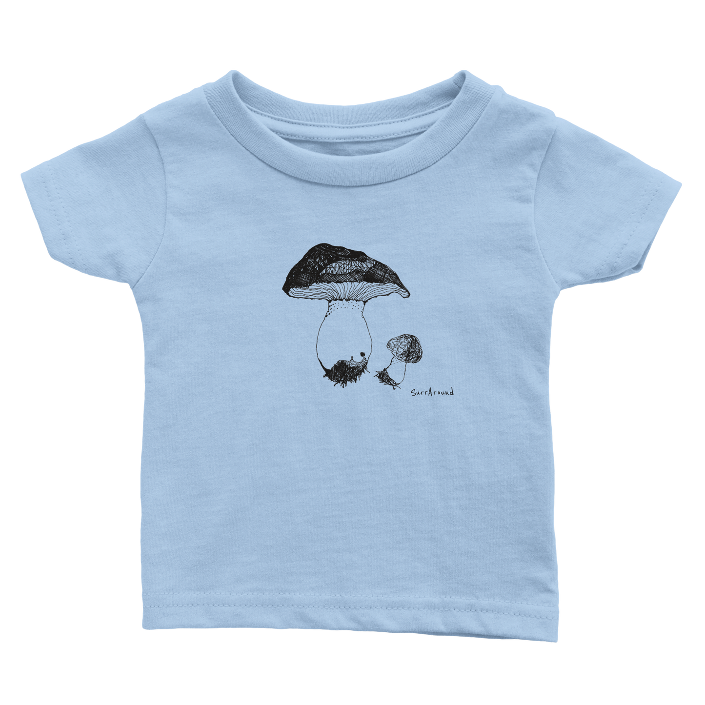 Unique Classic Baby T-shirt, Mushroom inspired by nature. Unique Unisex Crewneck Baby T-shirt, Eco-Friendly 100% cotton, soft. Illustrated and designed cute mushrooms by artist.