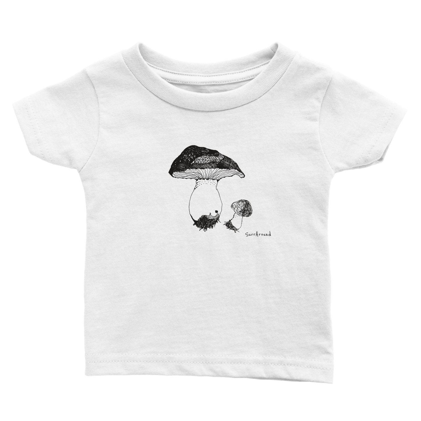 Unique Classic Baby T-shirt, Mushroom inspired by nature. Unique Unisex Crewneck Baby T-shirt, Eco-Friendly 100% cotton, soft. Illustrated and designed cute mushrooms by artist.