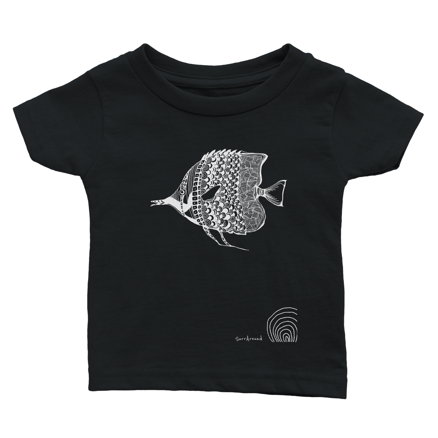 Unique Classic Baby T-shirt, beautiful fish design. Illustrated unique fish, detailed with Japanese traditional patterns, hand drawn by artist.