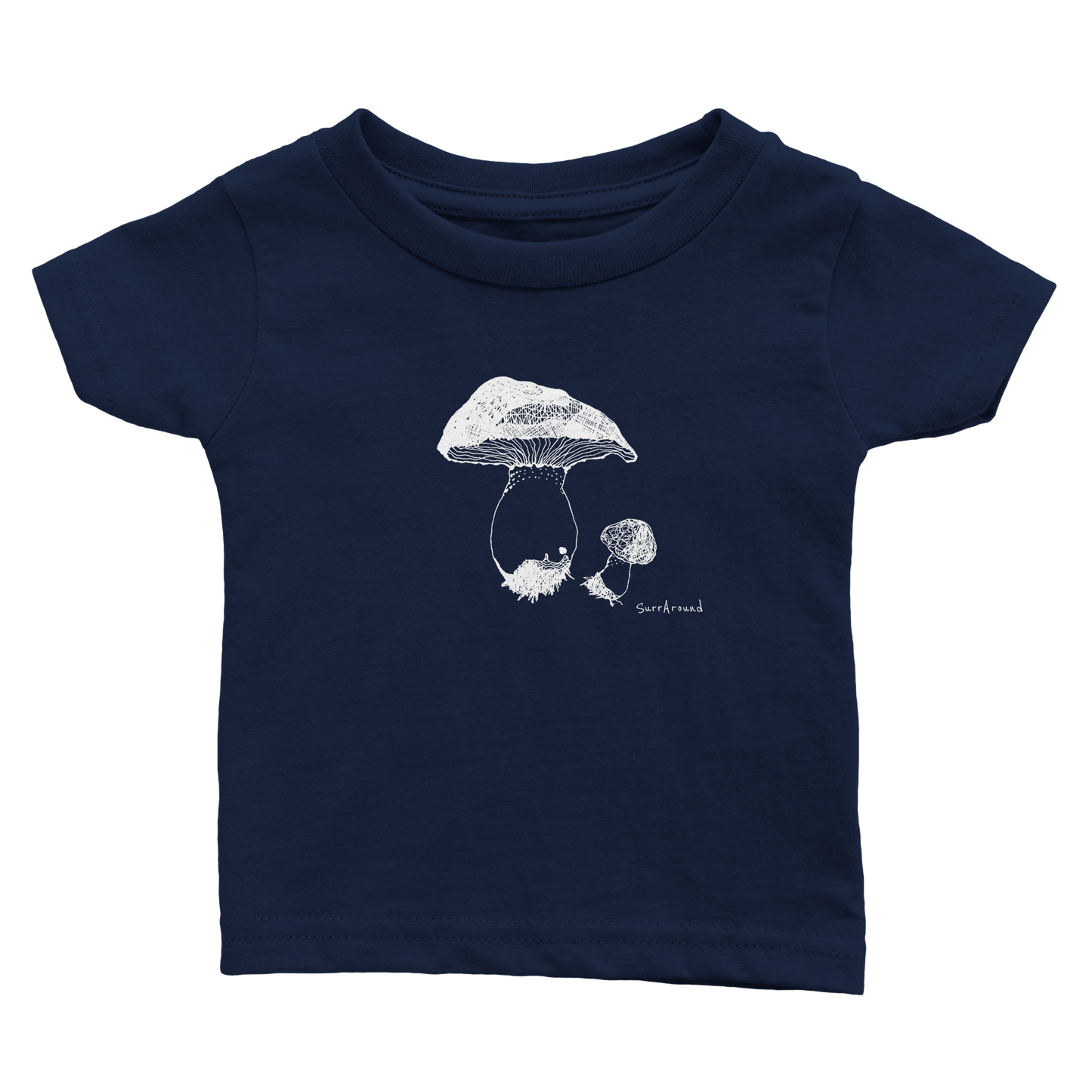 Unique Classic Baby T-shirt, Mushroom inspired by nature. Unique Unisex Crewneck Baby T-shirt, Eco-Friendly 100% cotton, soft. Illustrated and designed cute mushrooms by artist.