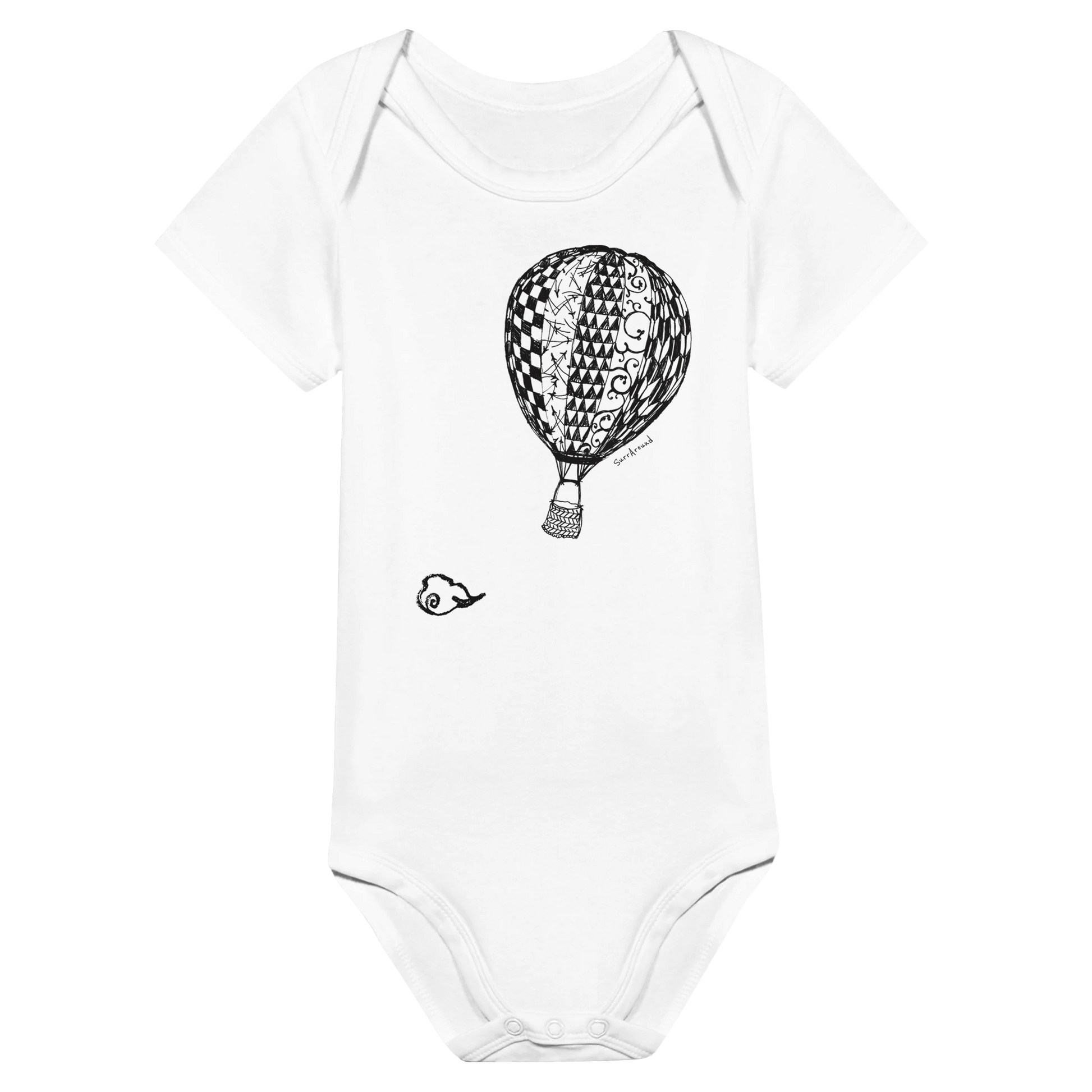 Baby Short Sleeve Bodysuit, Empty Hot Air Balloon & Clouds. Unique Unisex Classic Bodysuit, Eco-Friendly 100% cotton, soft. Illustrated air balloon with Japanese traditional patterns, hand drawn by artist/designer.