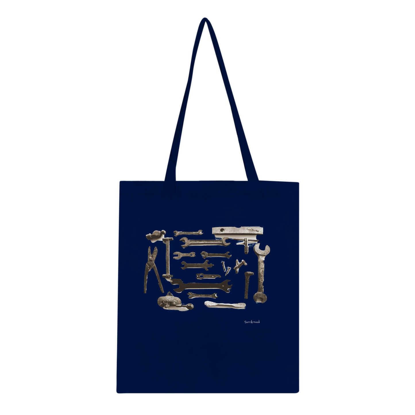 One-of-a-kind Tote bag, Old Tools Tote - Spanners. Old rusty tools, Spanners, with hidden stories in space and time, designed by artist. Tote bags being eco-conscious, reinforced handles for more stability.