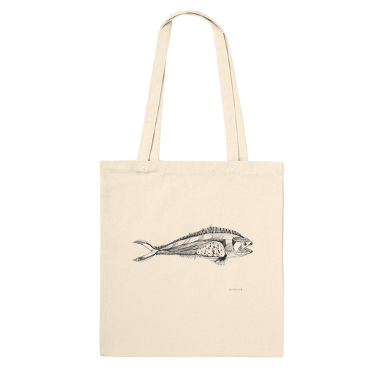 Truly one-of-a-kind Tote bag, Mahi-mahi, Dolphin Fish. Vibrant hue and distinctive form, inspired in Exmouth, Western Australia. Tote bags being eco-conscious, reinforced handles for more stability, 100% cotton.