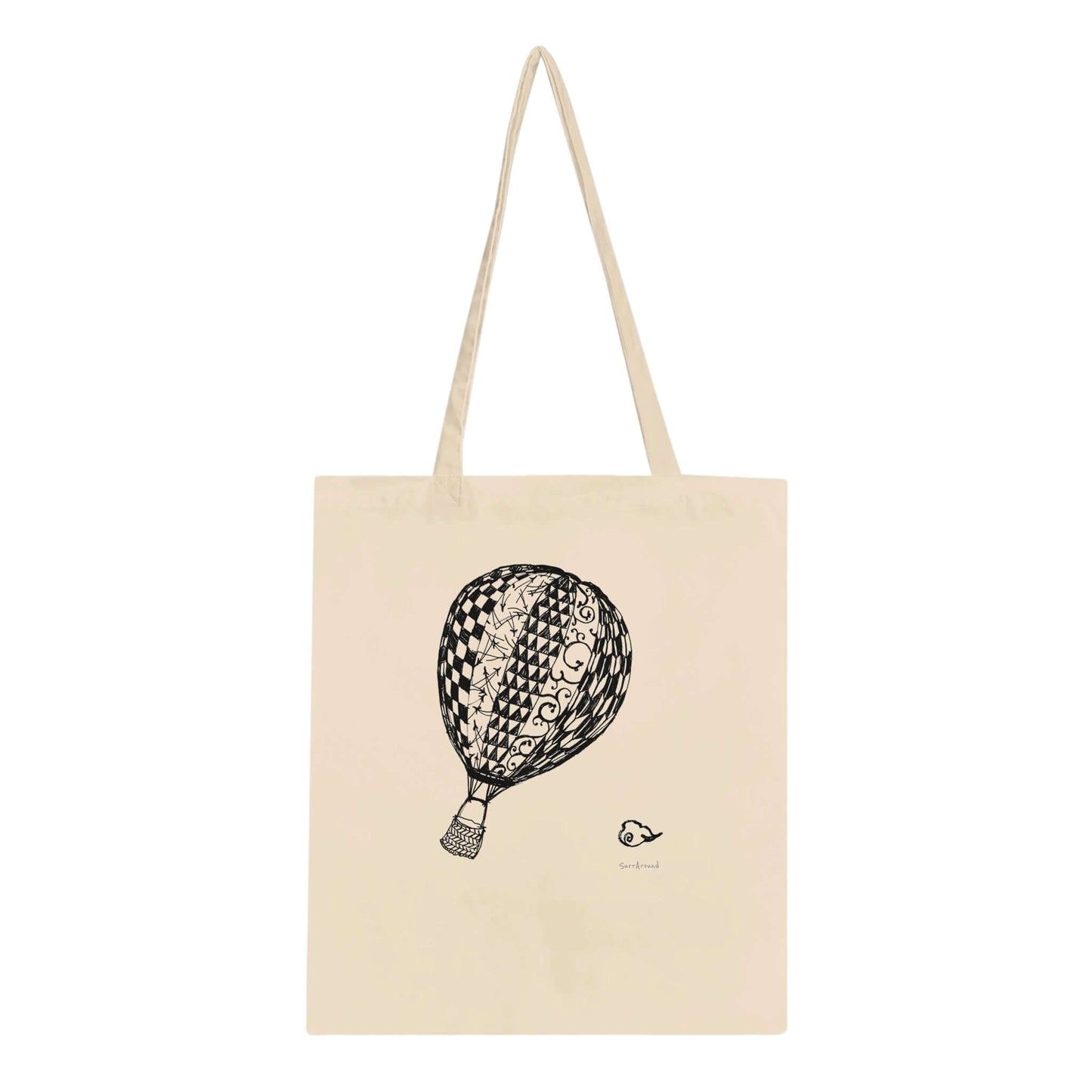 Truly one-of-a-kind Tote bag, Empty Hot Air Balloon & Clouds. Tote bags being eco-conscious, reinforced handles for more stability. Designed air balloon with Japanese traditional patterns, hand drawn by artist/designer.