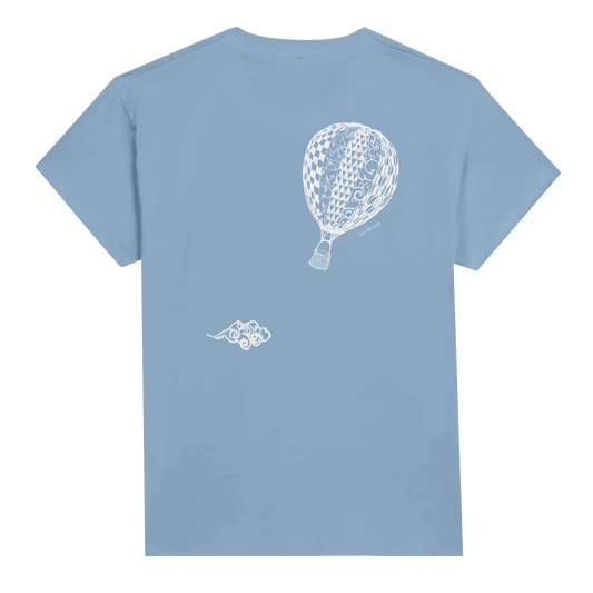 Classic Comfort Kids T-shirt, Empty Hot Air Balloon & Clouds. Unisex Crewneck T-shirt, Eco-Friendly 100% cotton in soft feel. Illustrated air balloon, detailed with Japanese traditional patterns, hand drawn by artist.