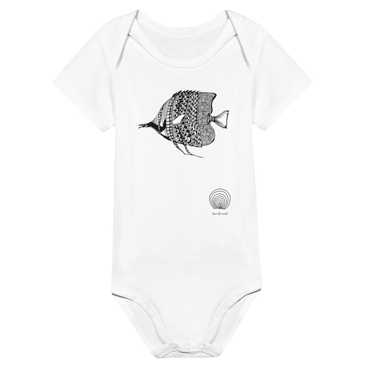 Baby Short Sleeve Bodysuit, beautiful fish design. Illustrated unique fish, detailed with Japanese traditional patterns, hand drawn by artist.