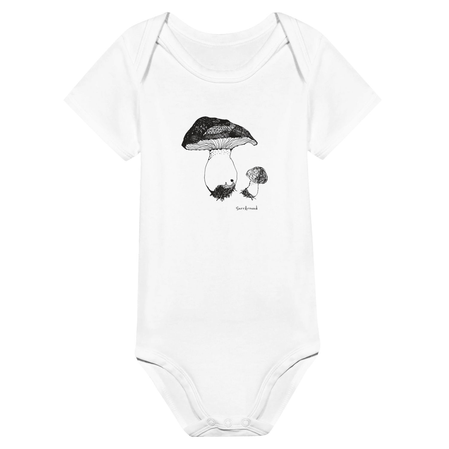 Classic Baby Short Sleeve Bodysuit, Mushroom inspired by nature. Unique Unisex Classic Bodysuit, Eco-Friendly 100% cotton, soft. Illustrated cute mushrooms by artist, originally hand drawn.