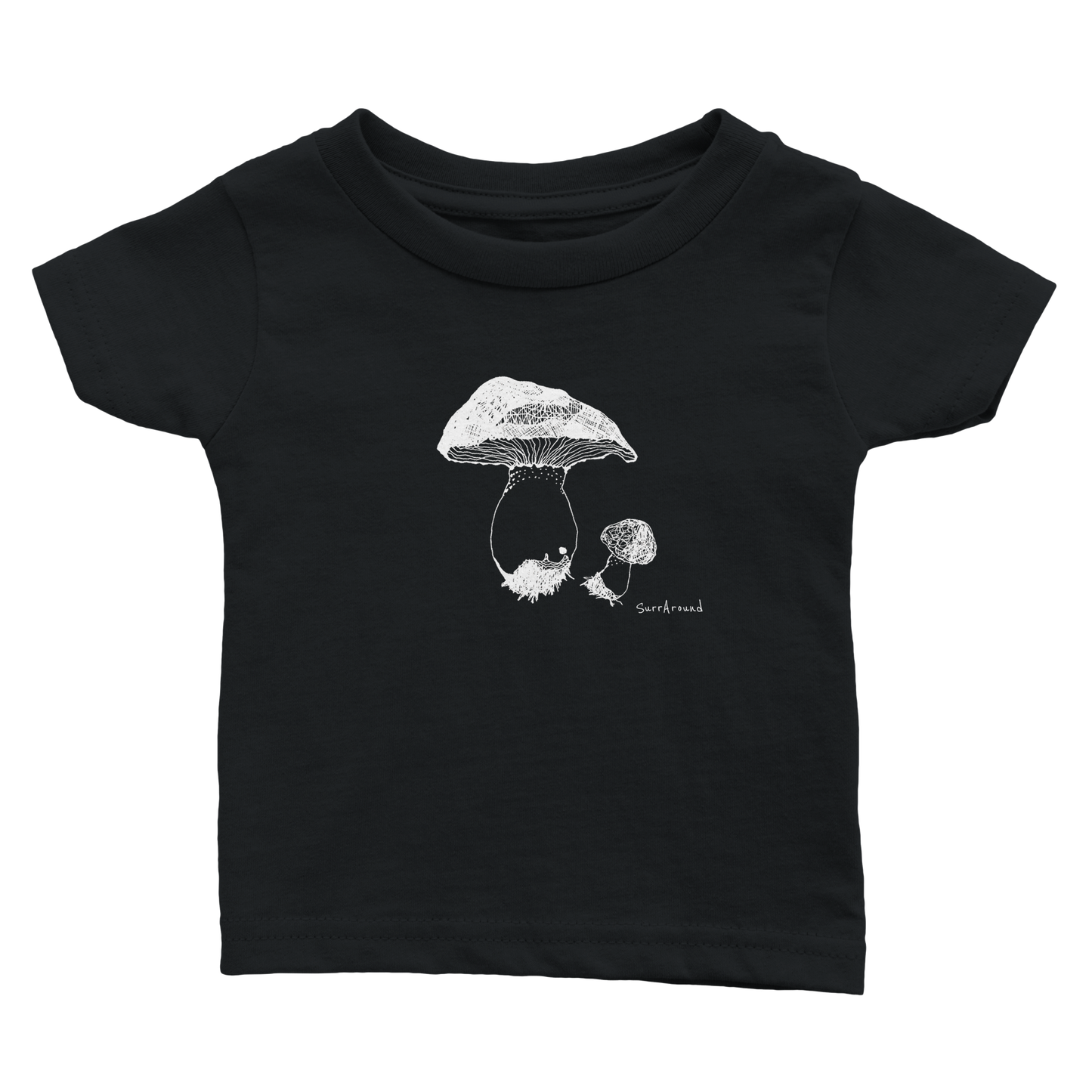 Unique Classic Baby T-shirt, Mushroom inspired by nature. Unique Unisex Crewneck Baby T-shirt, Eco-Friendly 100% cotton, soft. Illustrated and designed cute mushrooms by artist.