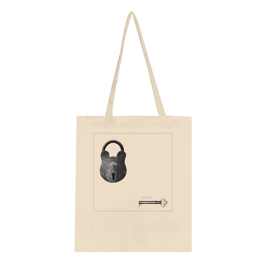 Truly one-of-a-kind Tote bag, Old Bear Lock in space & time. Old bear lock and key with hidden stories in space and time, designed by Japanese artist. Tote bags being eco-conscious, reinforced handles for more stability.