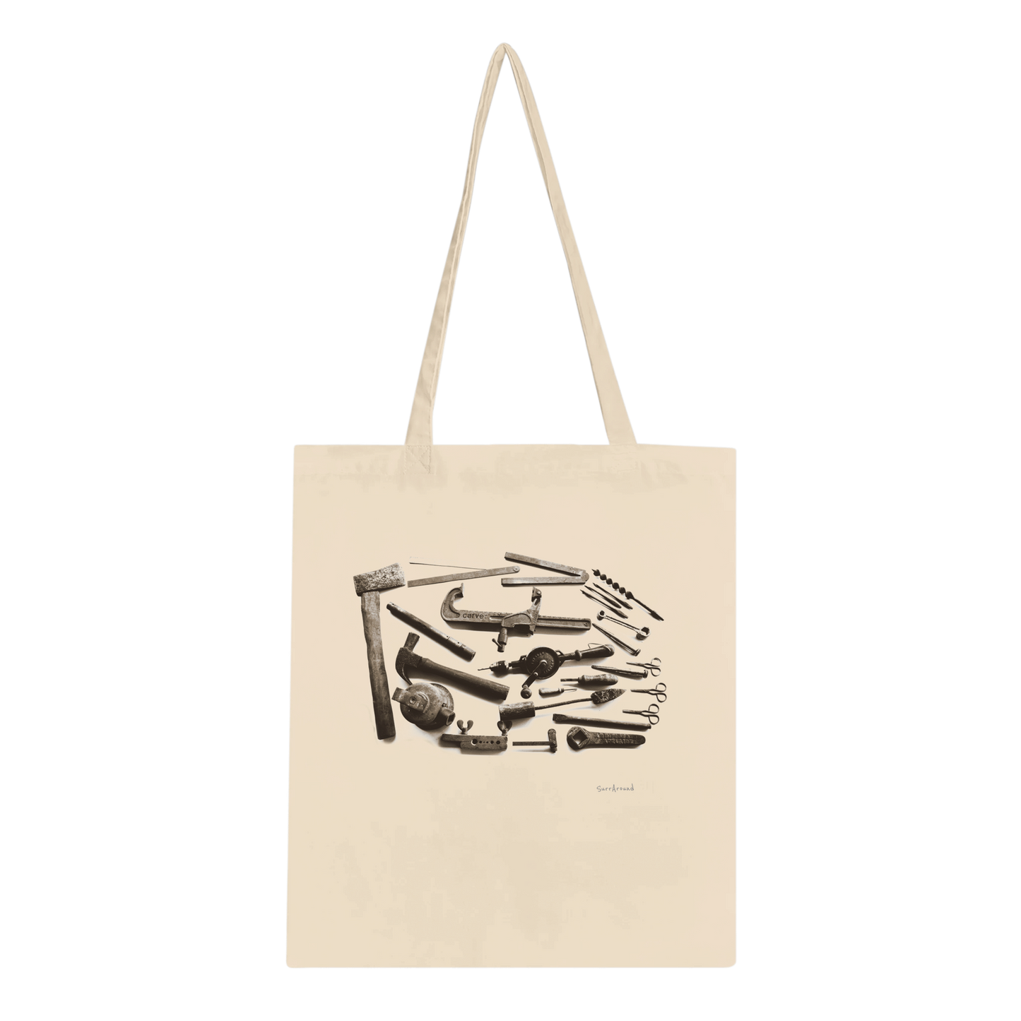 One-of-a-kind Tote bag, Old Tools in space & time. Old rusty tools with hidden stories in space and time, designed by Japanese artist. Tote bags being eco-conscious, reinforced handles for more stability.