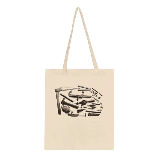 One-of-a-kind Tote bag, Old Tools in space & time. Old rusty tools with hidden stories in space and time, designed by Japanese artist. Tote bags being eco-conscious, reinforced handles for more stability.