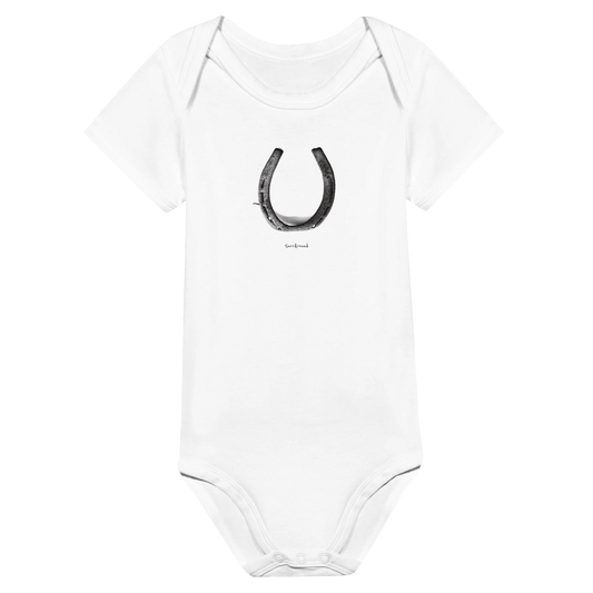 Baby Short Sleeve Bodysuit, Old Horseshoe in space & time. Bringing happiness with the steps brought by old rusty horseshoe. Unique Unisex Classic Bodysuit, Eco-Friendly 100% cotton, soft.