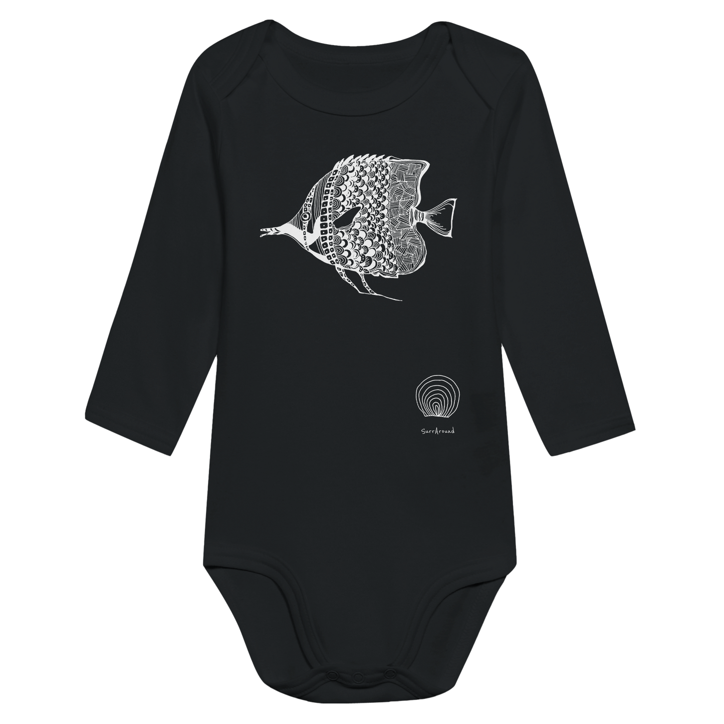 Classic Baby Long Sleeve Bodysuit, beautiful fish design. Illustrated unique fish, detailed with Japanese traditional patterns, hand drawn by artist.