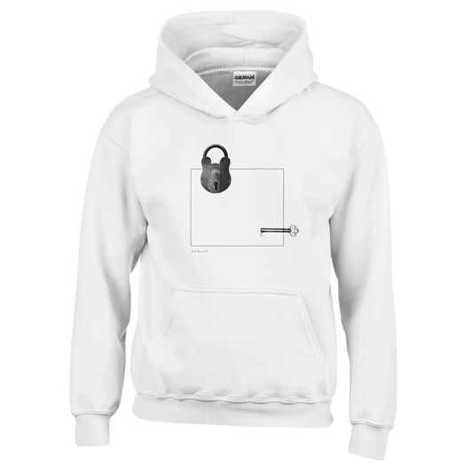 Unique Classic Kids Hoodie, Old Bear Lock in space & time. Old bear lock and key with hidden stories in space and time, designed by Japanese artist. Soft, durable unisex pullover hoodie, ideal for year-round wear.