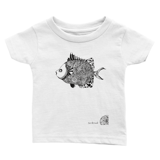 Unique Classic Baby T-shirt, beautiful fish design. Illustrated unique fish, detailed with Japanese traditional patterns, hand drawn by artist.