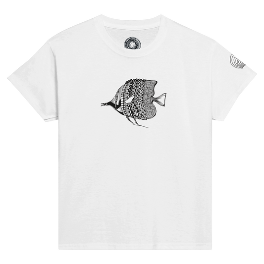 Unique Classic Kids T-shirt, beautiful fish design. Unisex Crewneck T-shirt, Eco-Friendly 100% cotton in soft feel. Illustrated unique fish, detailed with Japanese traditional patterns, hand drawn by artist.