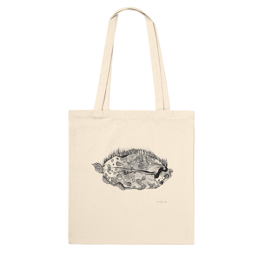 Unique one-of-a-kind Tote bag, Flounder, Beautiful Fish. Beautiful subtle pattern of spots on the fish body, inspired in Exmouth, Australia. Tote bags being eco-conscious, reinforced handles for more stability.