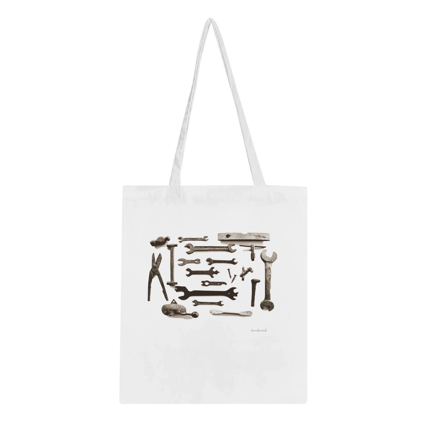 One-of-a-kind Tote bag, Old Tools Tote - Spanners. Old rusty tools, Spanners, with hidden stories in space and time, designed by artist. Tote bags being eco-conscious, reinforced handles for more stability.