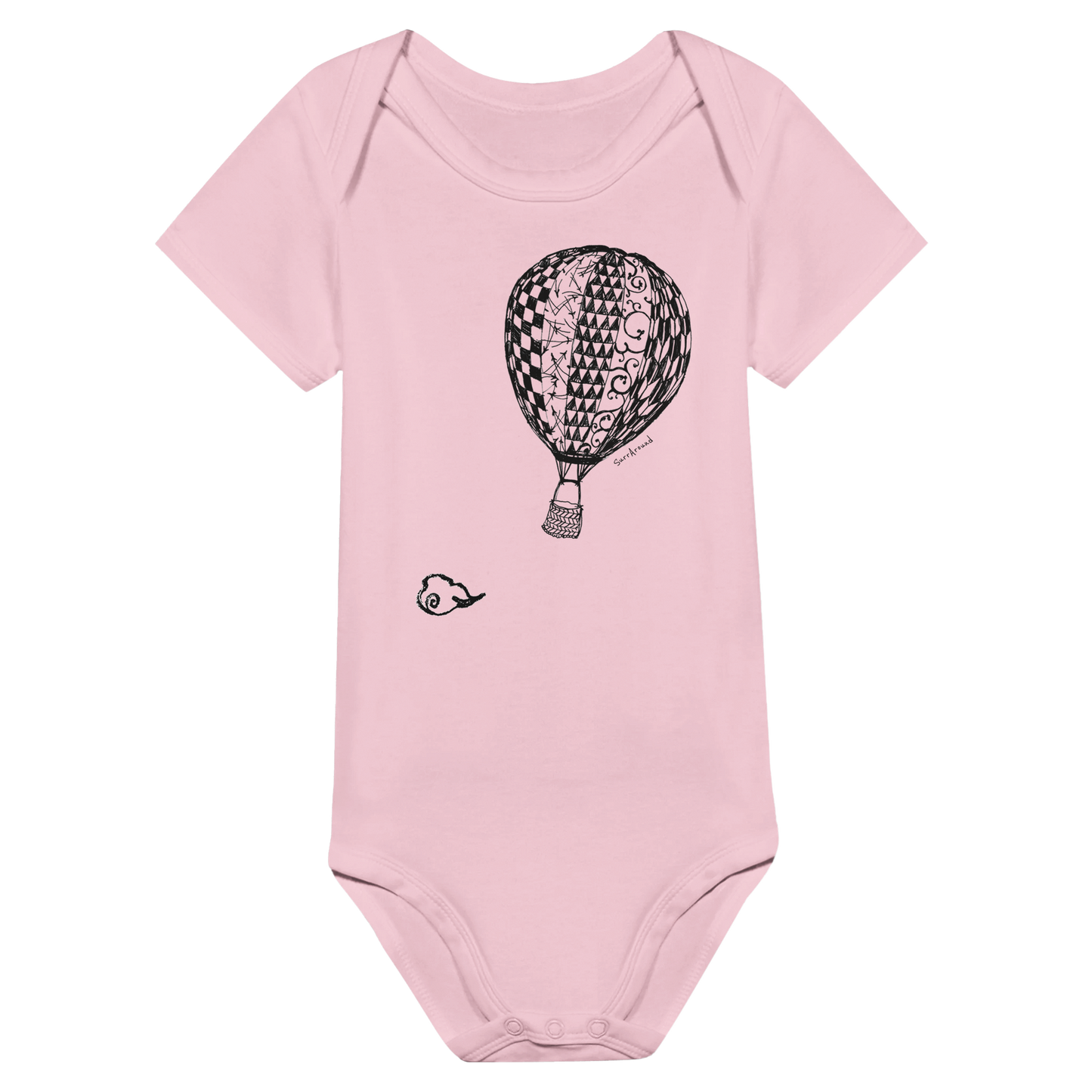 Baby Short Sleeve Bodysuit, Empty Hot Air Balloon & Clouds. Unique Unisex Classic Bodysuit, Eco-Friendly 100% cotton, soft. Illustrated air balloon with Japanese traditional patterns, hand drawn by artist/designer.