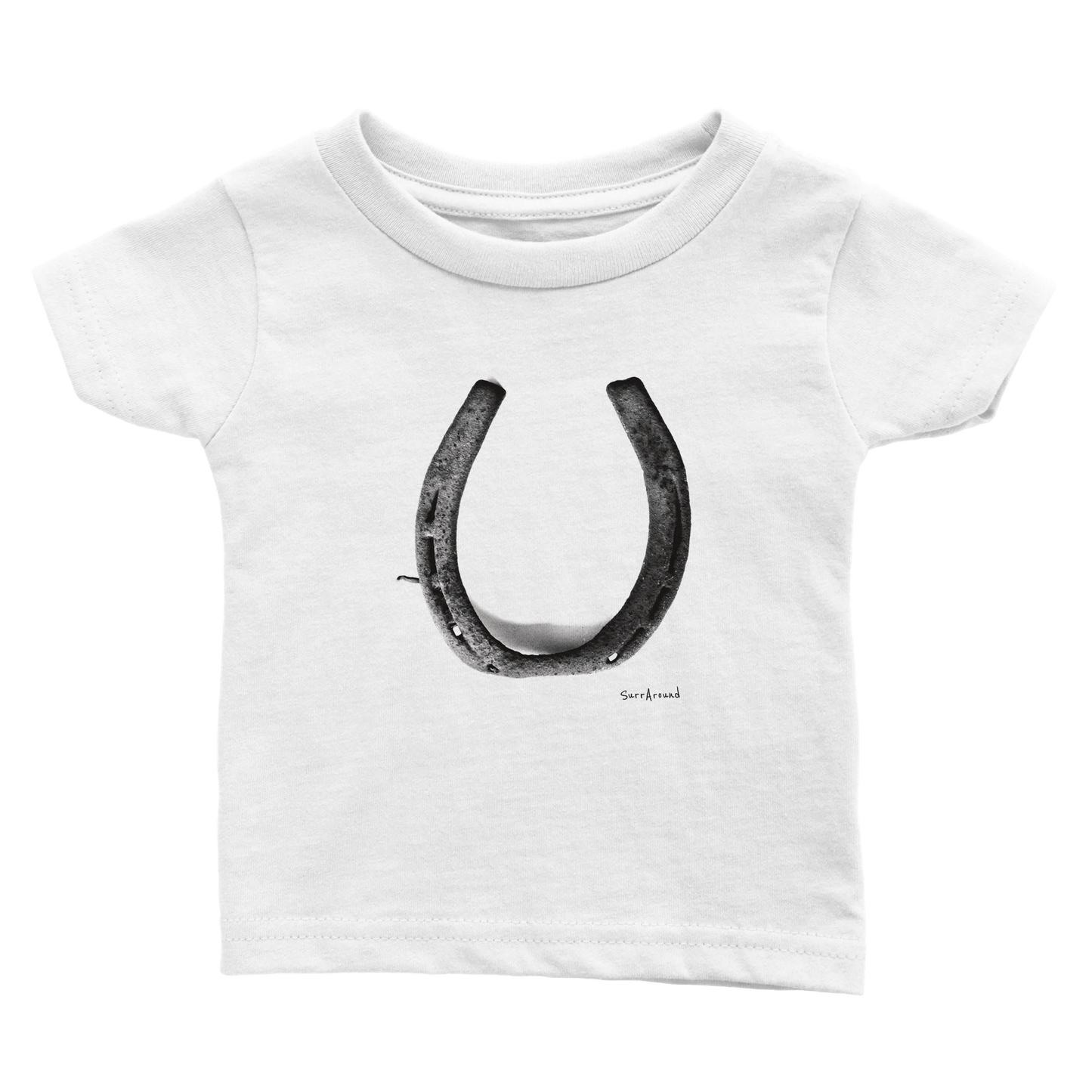 Unique Classic Baby T-shirt, Old Horseshoe in space & time. Bringing happiness with the steps brought by old rusty horseshoe. Unique Unisex Classic Baby T-shirt, Eco-Friendly 100% cotton, soft and comfortable.