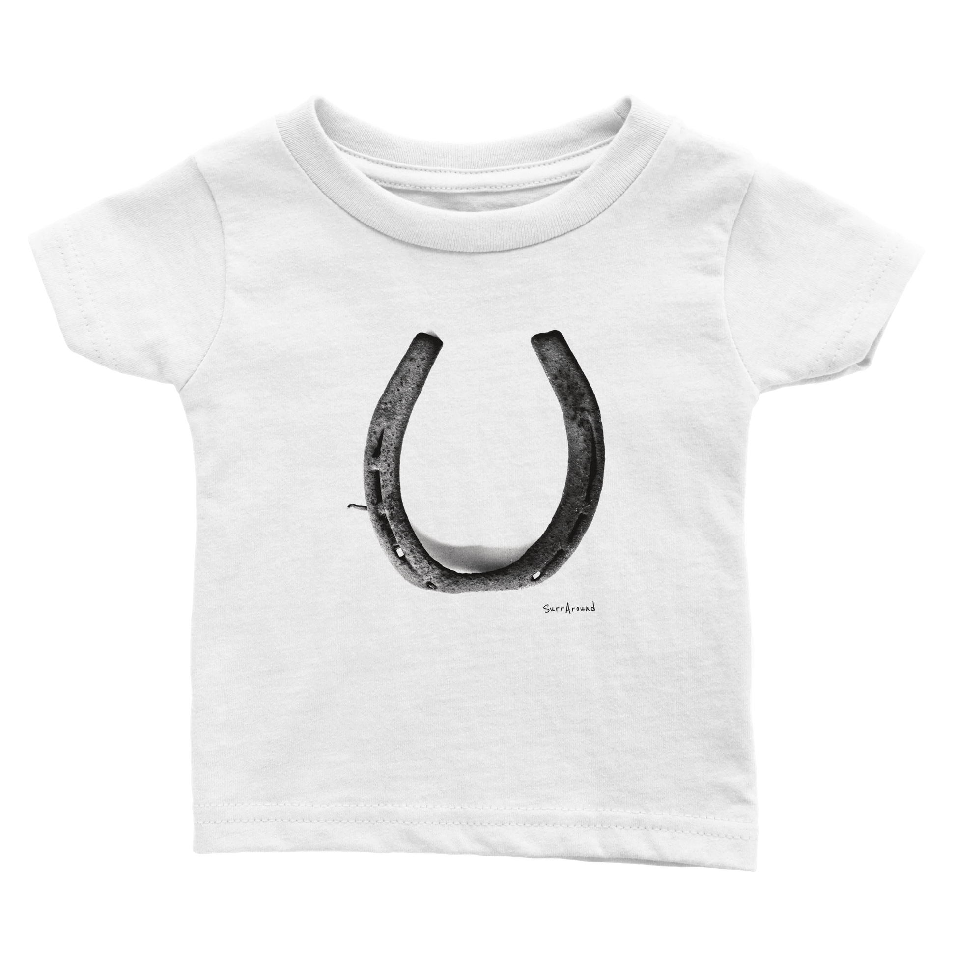 Unique Classic Baby T-shirt, Old Horseshoe in space & time. Bringing happiness with the steps brought by old rusty horseshoe. Unique Unisex Classic Baby T-shirt, Eco-Friendly 100% cotton, soft and comfortable.