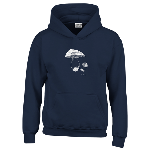 Classic Comfort Kids Hoodie, Mushroom designed by artist. Discover our Mushroom-themed soft, Pullover, 50% cotton & 50% polyester hoodie, durability with soft feel. Ideal for year-round wear with a kangaroo pocket.