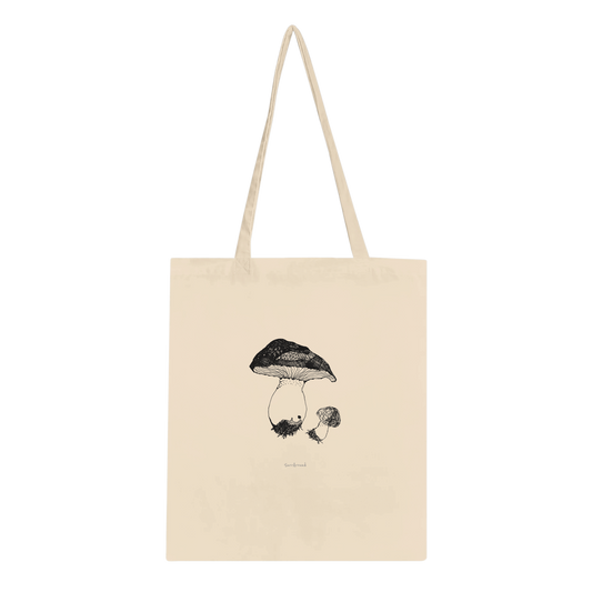 One-of-a-kind Tote bag, Cute Mushroom inspired by nature. Tote bags being eco-conscious, reinforced handles for more stability. Designed mushrooms, originally hand drawn by artist.