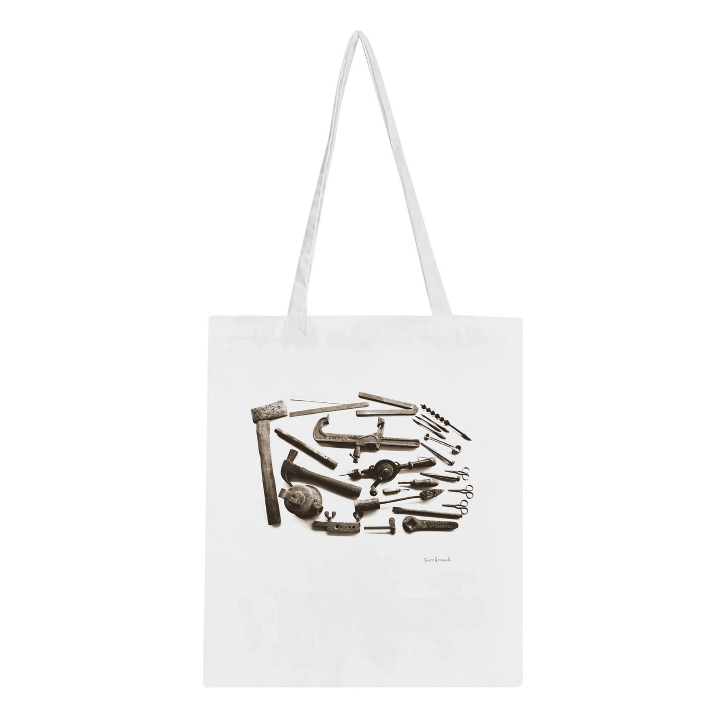 One-of-a-kind Tote bag, Old Tools in space & time. Old rusty tools with hidden stories in space and time, designed by Japanese artist. Tote bags being eco-conscious, reinforced handles for more stability.