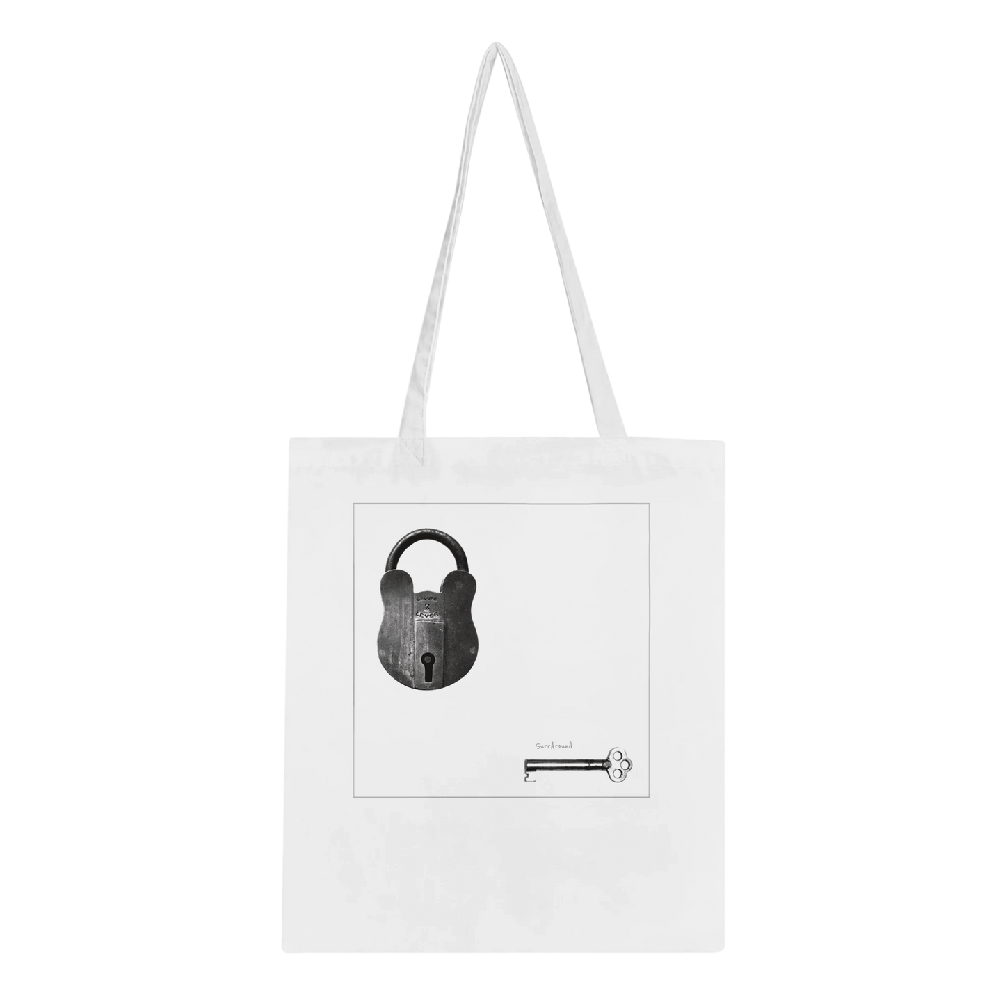 Truly one-of-a-kind Tote bag, Old Bear Lock in space & time. Old bear lock and key with hidden stories in space and time, designed by Japanese artist. Tote bags being eco-conscious, reinforced handles for more stability.