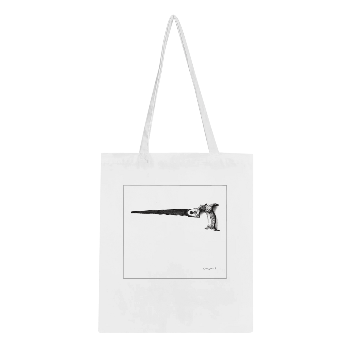 Truly one-of-a-kind Tote bag, Old Saw, Tool in space & time. Old saw with an handle and rusted saw teeth must have hidden stories in space and time. Tote bags being eco-conscious, reinforced handles for more stability.