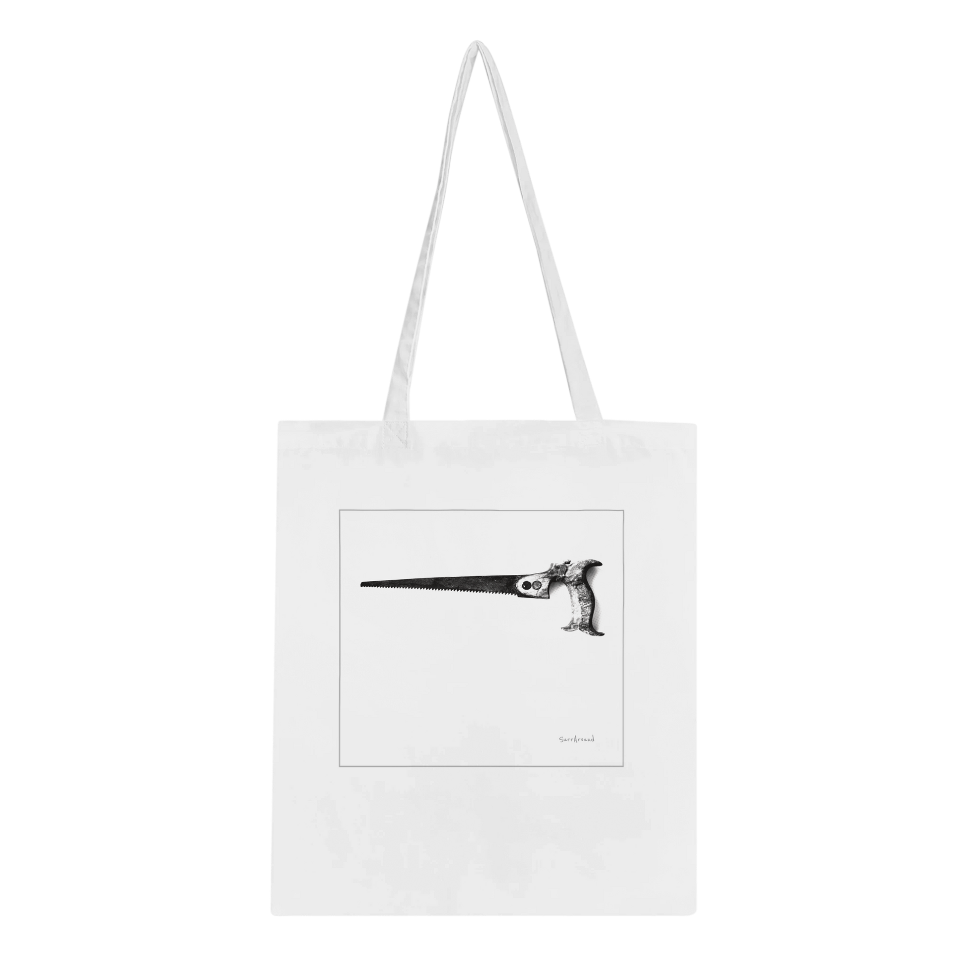 Truly one-of-a-kind Tote bag, Old Saw, Tool in space & time. Old saw with an handle and rusted saw teeth must have hidden stories in space and time. Tote bags being eco-conscious, reinforced handles for more stability.