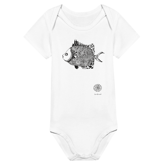 Baby Short Sleeve Bodysuit, beautiful fish design. Illustrated unique fish, detailed with Japanese traditional patterns, hand drawn by artist.