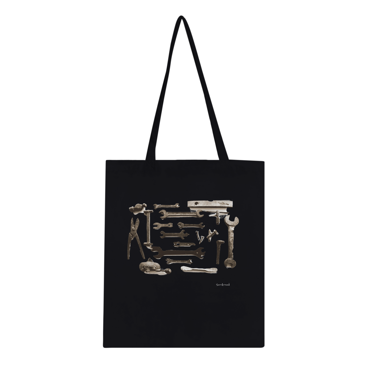 One-of-a-kind Tote bag, Old Tools Tote - Spanners. Old rusty tools, Spanners, with hidden stories in space and time, designed by artist. Tote bags being eco-conscious, reinforced handles for more stability.