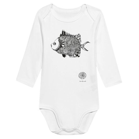 Classic Baby Long Sleeve Bodysuit, beautiful fish design. Illustrated unique fish, detailed with Japanese traditional patterns, hand drawn by artist.