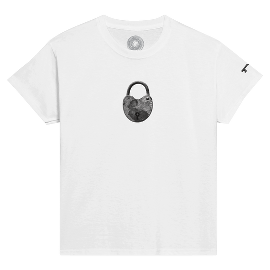 Classic Comfort Kids T-shirt, Old Heart Lock in space & time. Old heart lock and key with hidden stories in space and time, designed by Japanese artist. Unisex Crewneck T-shirt, 100% cotton, offering a soft feel.