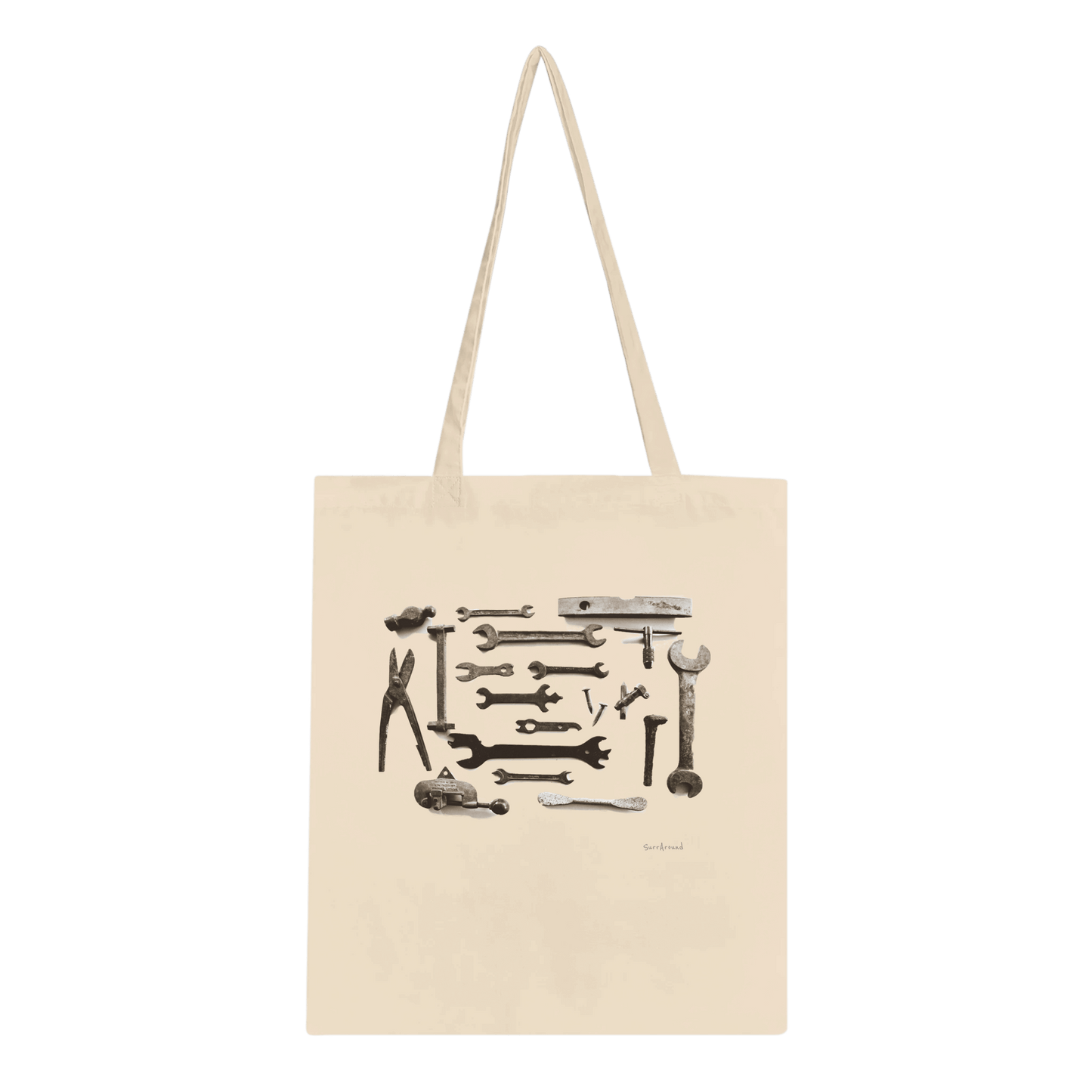 One-of-a-kind Tote bag, Old Tools Tote - Spanners. Old rusty tools, Spanners, with hidden stories in space and time, designed by artist. Tote bags being eco-conscious, reinforced handles for more stability.