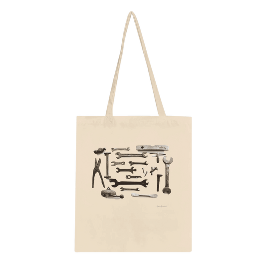 One-of-a-kind Tote bag, Old Tools Tote - Spanners. Old rusty tools, Spanners, with hidden stories in space and time, designed by artist. Tote bags being eco-conscious, reinforced handles for more stability.