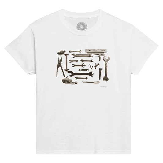 Classic Comfort Kids T-shirt, Old Tools - Spanners. Old rusty tools, Spanners, hide stories in space and time, designed by Japanese artist. Unisex Crewneck T-shirt, Eco-Friendly 100% cotton in soft feel.