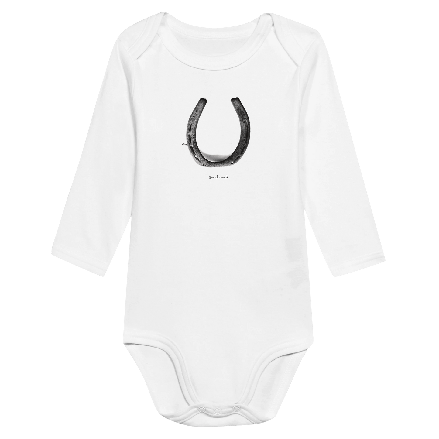 Baby Long Sleeve Bodysuit, Old Horseshoe in space & time. Bringing happiness with the steps brought by old rusty horseshoe. Unique Unisex Classic Bodysuit, Eco-Friendly 100% cotton, soft and comfortable.