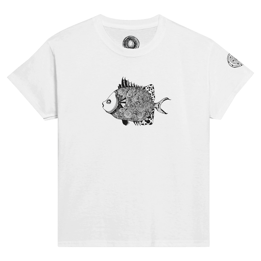 Unique Classic Kids T-shirt, beautiful fish design. Unisex Crewneck T-shirt, Eco-Friendly 100% cotton in soft feel. Illustrated unique fish, detailed with Japanese traditional patterns, hand drawn by artist.