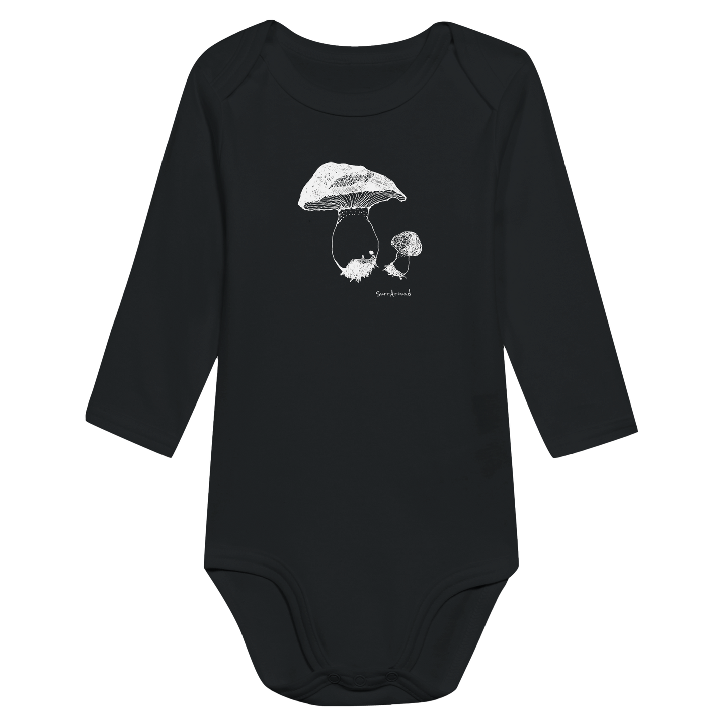 Classic Baby Long Sleeve Bodysuit, Mushroom inspired by nature. Unique Unisex Classic Bodysuit, Eco-Friendly 100% cotton, soft. Illustrated cute mushrooms by artist, originally hand drawn.