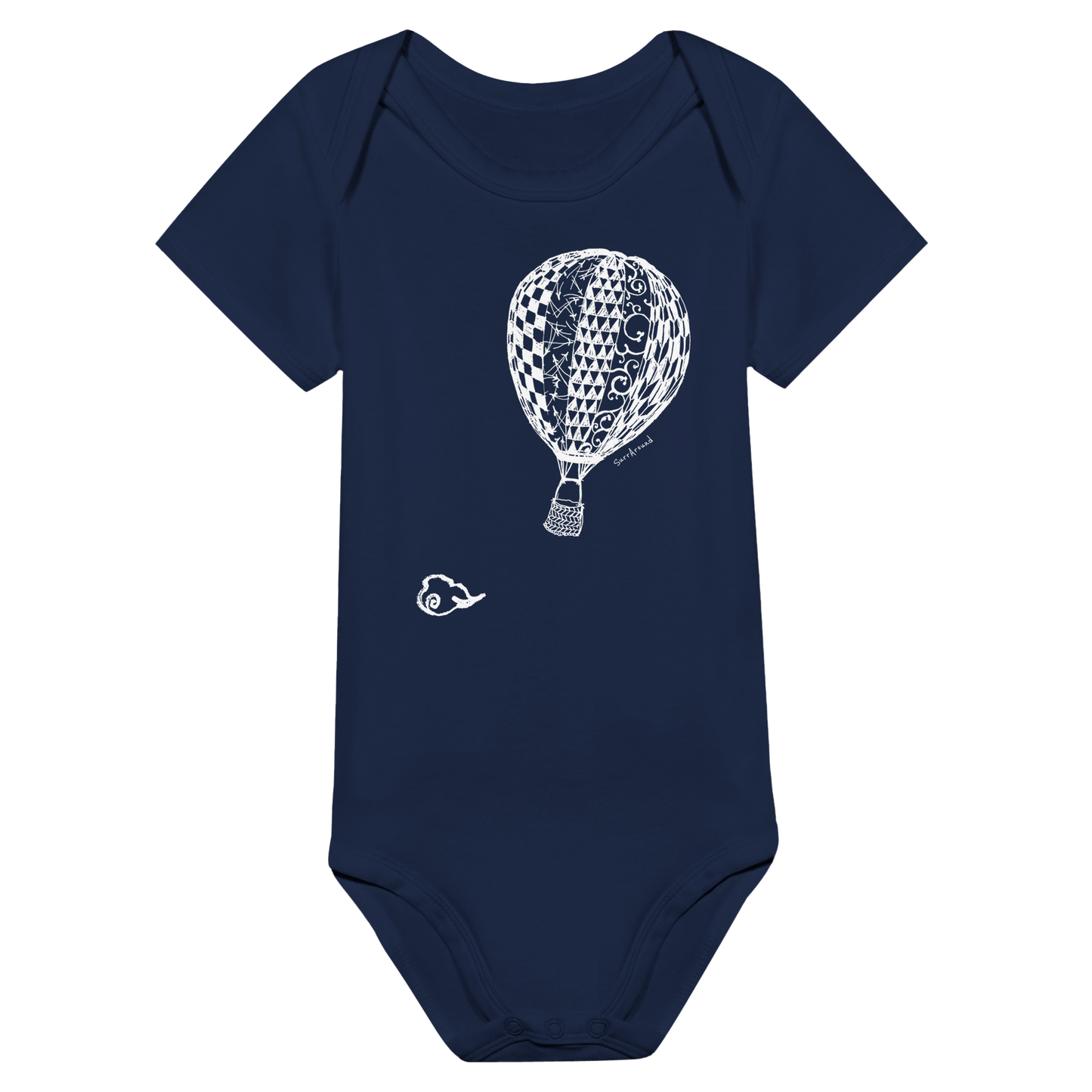 Baby Short Sleeve Bodysuit, Empty Hot Air Balloon & Clouds. Unique Unisex Classic Bodysuit, Eco-Friendly 100% cotton, soft. Illustrated air balloon with Japanese traditional patterns, hand drawn by artist/designer.