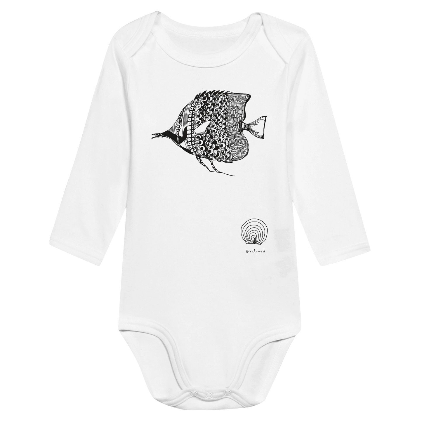 Classic Baby Long Sleeve Bodysuit, beautiful fish design. Illustrated unique fish, detailed with Japanese traditional patterns, hand drawn by artist.