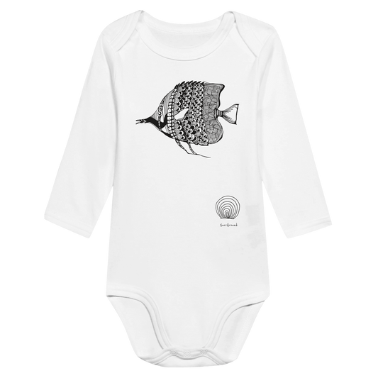 Classic Baby Long Sleeve Bodysuit, beautiful fish design. Illustrated unique fish, detailed with Japanese traditional patterns, hand drawn by artist.